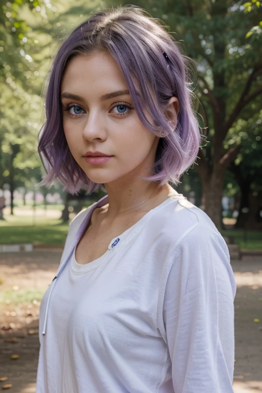 One girl, walking in the park, casual white clothes, Side photo, model appearance, cute face, 20 years, High quality, a lot of details, Blue eyes, big eyes, bob hair, light purple hair, ideal figure, fitness