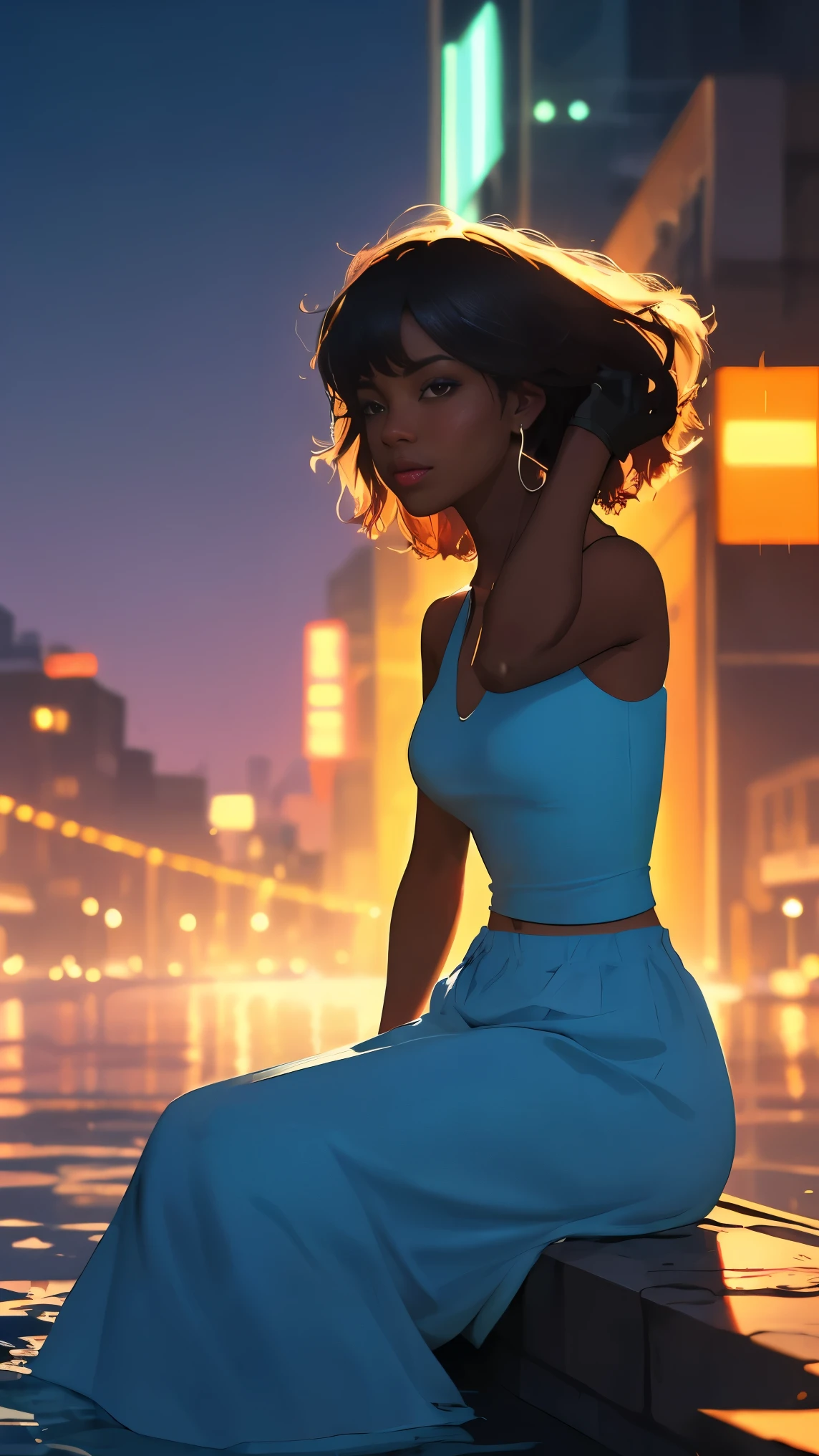 Pretty woman with dark skin sitting on a hillside by water, soft hair, ebony nose and dark brown eyes, african american, wearing gloves, she is calm in a playfully scenery, blue lanterns floating in the water nearby, illuminating of her hair, water has a blue glow, clearly defined features, funkypop, cyberdelic, grunge, hyperrealistic black anime, lofi art, luminism, medium shot, attention to details, depth of field, chemiluminescence in her hair, soft background lens flare, flourescent light in her hair, character design, atey ghailan, basquiat, colorful_frequencies, electric colors, iridescent, dynamic pose, nouveau realisme, city background,