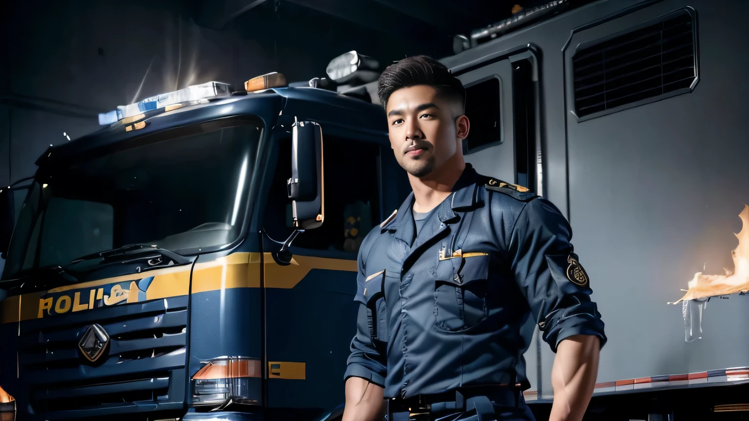 (masterpiece: 1.2), (actual:1.5), (post processing:1.3), (clear focus:1.3),1 male police officer, Korean men ,beard, whole body, ,(badge) ,(abrasions on body...: 1.3), (Navy blue cargo pants: 1.3), short hair hairstyle, (high shadows detail),muscle, 手臂musclelood vessel, 大muscle, broad shoulders, abrasions on body..., night , fire truck