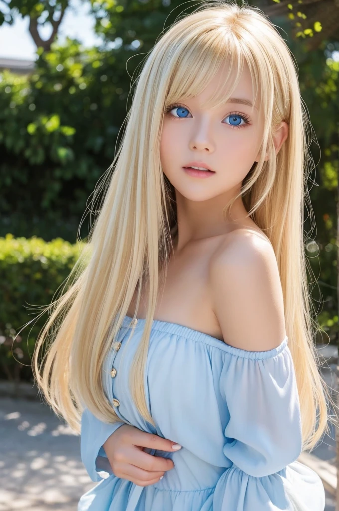 Clear white shiny skin、Cute sexy small beautiful face of a sexy big breasted ager with windy blonde hair getting in the way in front of her cute face、Shiny bright straight blonde hair dances in front of a cute beautiful face、Long silky bangs covering cute eyes、blonde hiding her sexy face、Sexy cute young woman with super long hair too、Super long natural blonde shining bright blonde hair、Very beautiful bright light blue eyes、very big eyes