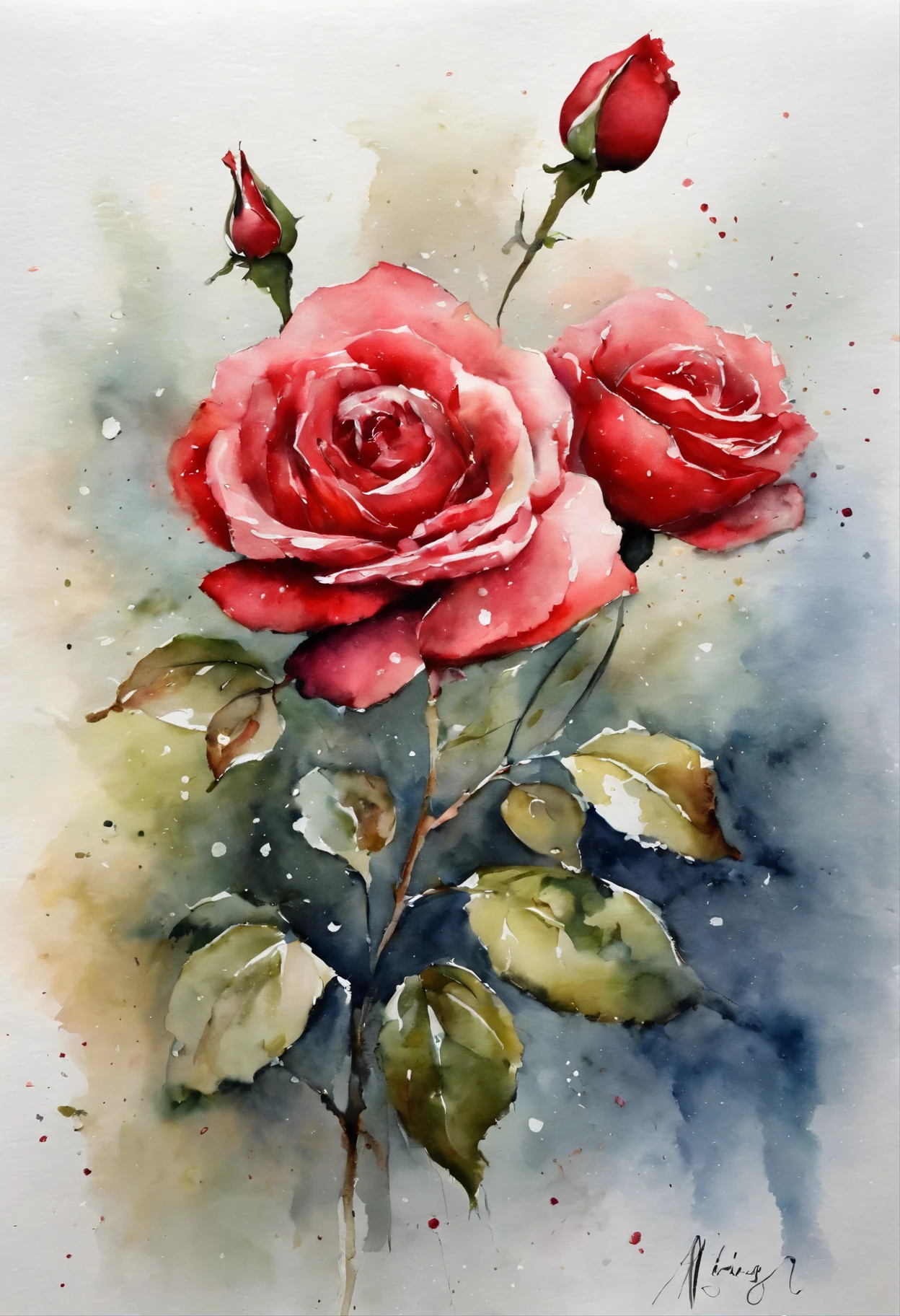 watercolor art,HD,masterpiece,Official artistic aesthetics。(((watercolor painting:1.5.ink:1.2))).((in a shabby corner,A dry red rose covered with snow,snow on petals,broken petals and leaves,))。(((watercolor painting特征))).(Watercolor paper overlay texture,Wet painting method,Smudge,flowing water marks)。dark background,Large aperture,facula,contrast between warm and cold,perfect composition。artistic creativity:1.37。famous,International award-winning works。