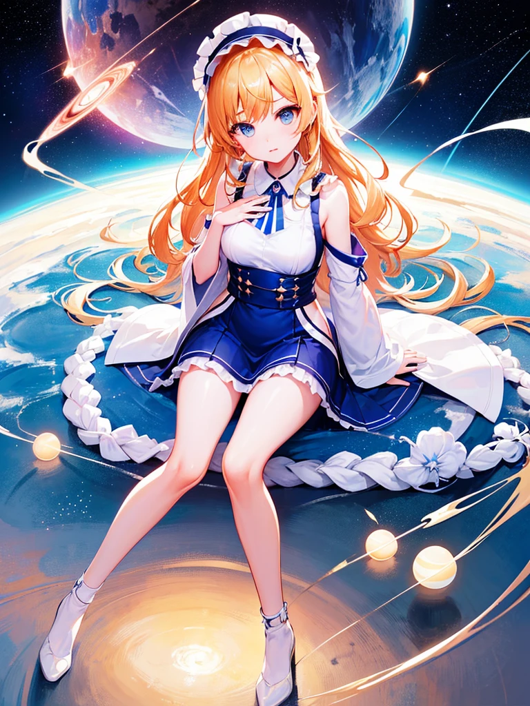 photo realistic, photo realistic, photo realistic, (masterpiece, best quality:1.4), (8k, raw photo, photo realistic:1.2), Not Safe for Work, detailed skin, detailed face, 1girl, Japanese idol, cute-face, Child, petite,
( sitting on the Big Clock face one's eyebrows), (((Hugging, Model of the Earththe earth))), blonde hair, Wavy Hair, blue eyes. semi-long, mini skirt, White Panties, (light blue apron dress), beautiful eyes, Sparkling, 14age, braided bangs, kanzashi, full body,
Beautiful scenery, ((outer space)), void of space, in the galaxy,celestial globe,constellation,
planets of the solar system, high resolution, night view, pretty fingers, beautiful feet, small breasts, colorful stars, many ball of light, Fantastic, beautiful stars, full body shot, countless lights, many Orbs,
