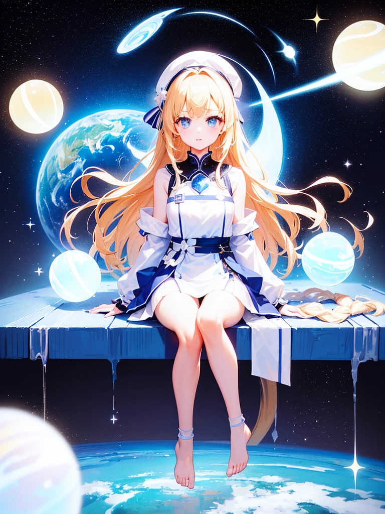 photo realistic, photo realistic, photo realistic, (masterpiece, best quality:1.4), (8k, raw photo, photo realistic:1.2), Not Safe for Work, detailed skin, detailed face, 1girl, Japanese idol, cute-face, Child, petite,
( sitting on the Big Clock face one's eyebrows), (((Hugging, Model of the Earththe earth))), blonde hair, Wavy Hair, blue eyes. semi-long, mini skirt, White Panties, (light blue apron dress), beautiful eyes, Sparkling, 14age, braided bangs, kanzashi, full body,
Beautiful scenery, ((outer space)), void of space, in the galaxy,celestial globe,constellation,
planets of the solar system, high resolution, night view, pretty fingers, beautiful feet, small breasts, colorful stars, many ball of light, Fantastic, beautiful stars, full body shot, countless lights, many Orbs,
