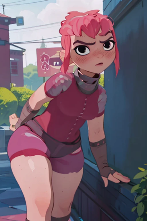 (Best quality, anime style render, ultra detailed, masterpiece, 1girl), ((((solo)))), ((rear view)), Human, female, nimona, (making a sexy pose), (with perfect hands), ((looking at viewer)), black eyes, (((blushing))), (pink hair), sharp, large breasts, (wide hips, thick thighs, thick legs), sharp eyes, perfect eyes, ((wearing crimson shorts, a red t-shirt, a black collar)), in a street, at midnight, dark night
