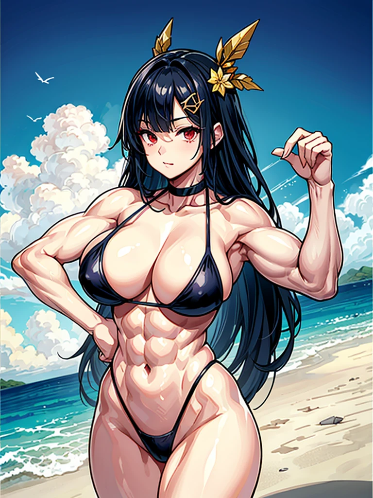(((masterpiece、Highest image quality、highest quality、highly detailed unity 8kwallpaper)))、((Illustration of one girl))、(((beautiful girl)))、((black hair:1.4、straight hair、Very Longhair、golden hair ornament、red eyes))、(tall:1.3、stocky build:1.9, thickset physique:1.6, muscular legs:1.3, broad shoulders:1.6, solid chest:1.6)、swimsuit、sandy beach