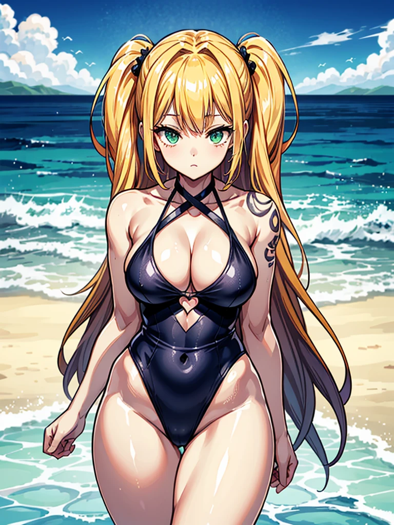 (((masterpiece、Highest image quality、highest quality、highly detailed unity 8kwallpaper)))、((Illustration of one girl))、(((beautiful girl)))、((blonde、two side up、sidelocks:1.6、green eyes))、(((tall:1.4、stocky build:1.9, thickset physique:1.7, muscular legs:1.4, broad shoulders:1.7, solid chest:1.7)))、swimsuit、sandy beach
