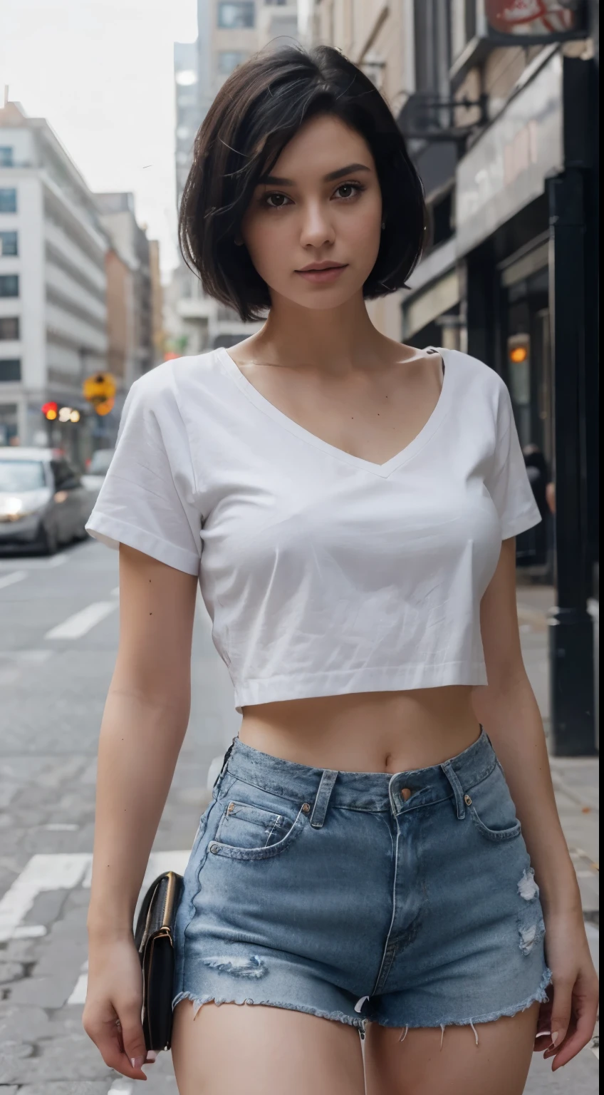 (best quality, 8k), black haired woman, beautiful, short hair, white blouse, short jeans, blurred background, city