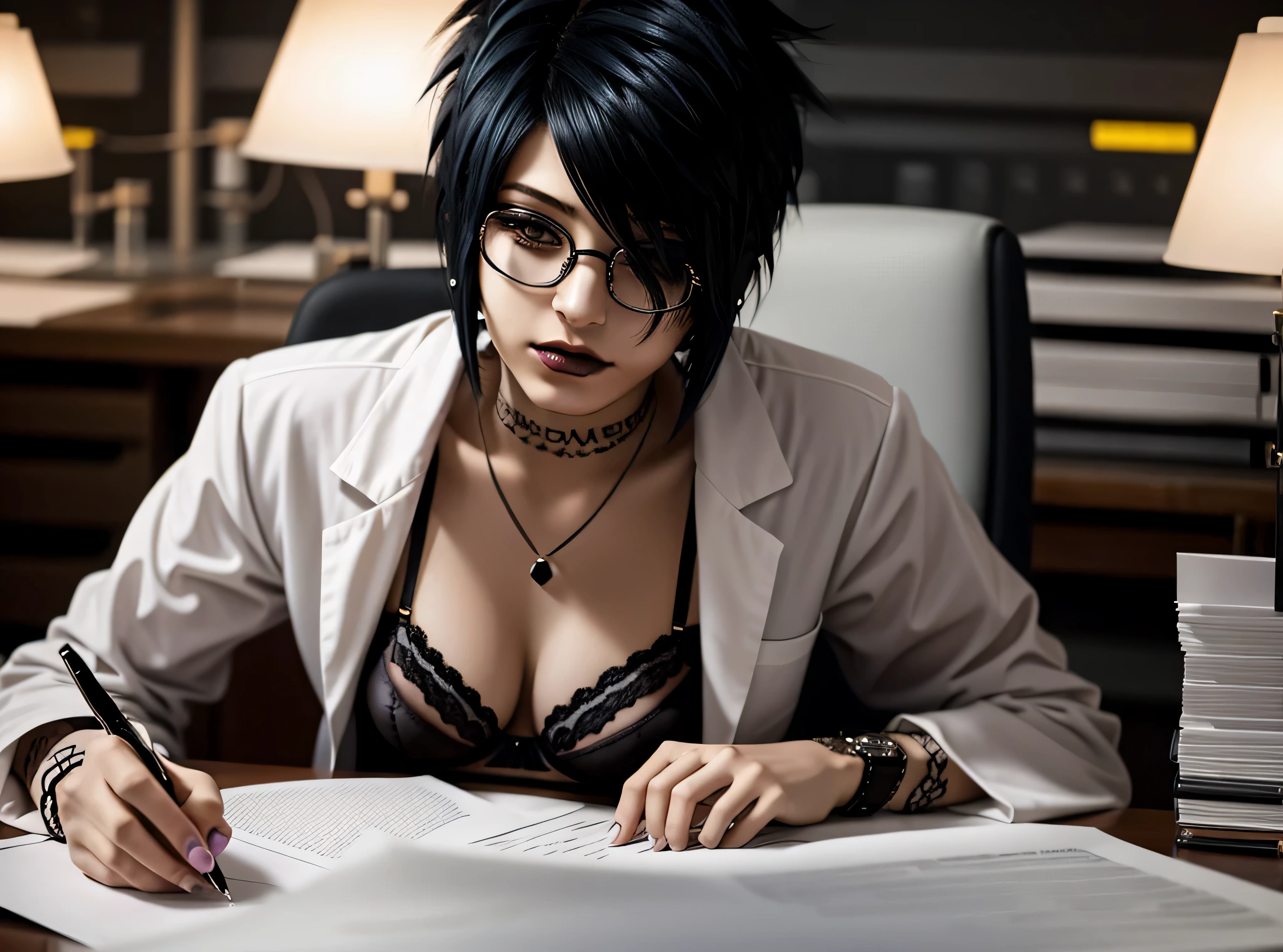 a woman in lingerie writing on a piece of paper, scientist, wearing lingerie and glasses, in a lab, scientific research, foxish woman in lingerie, ((25 years old, Spanish)), in laboratory, in a laboratory, mad scientist working, medical lab, medical laboratory, scientists, laboratory in the background, scientific study, wearing lingerie, cinematic lighting, long hair, ((emo_hairstyle:1.5))
