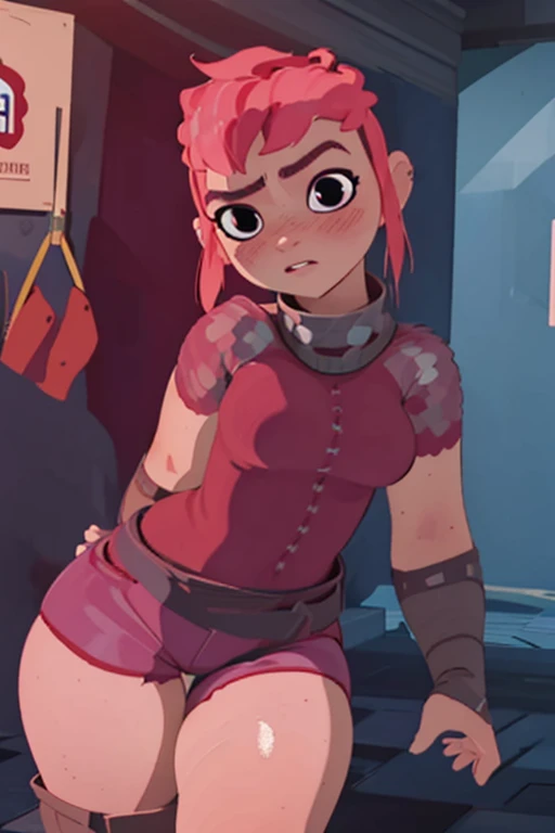 (Best quality, anime style render, ultra detailed, masterpiece, 1girl), ((((solo)))), ((rear view)), Human, female, nimona, (making a sexy pose), (with perfect hands), ((looking at viewer)), black eyes, (((blushing))), (pink hair), sharp, large breasts, (wide hips, thick thighs, thick legs), sharp eyes, perfect eyes, ((wearing crimson shorts, a red t-shirt, a black collar)), in a street, at midnight, dark night