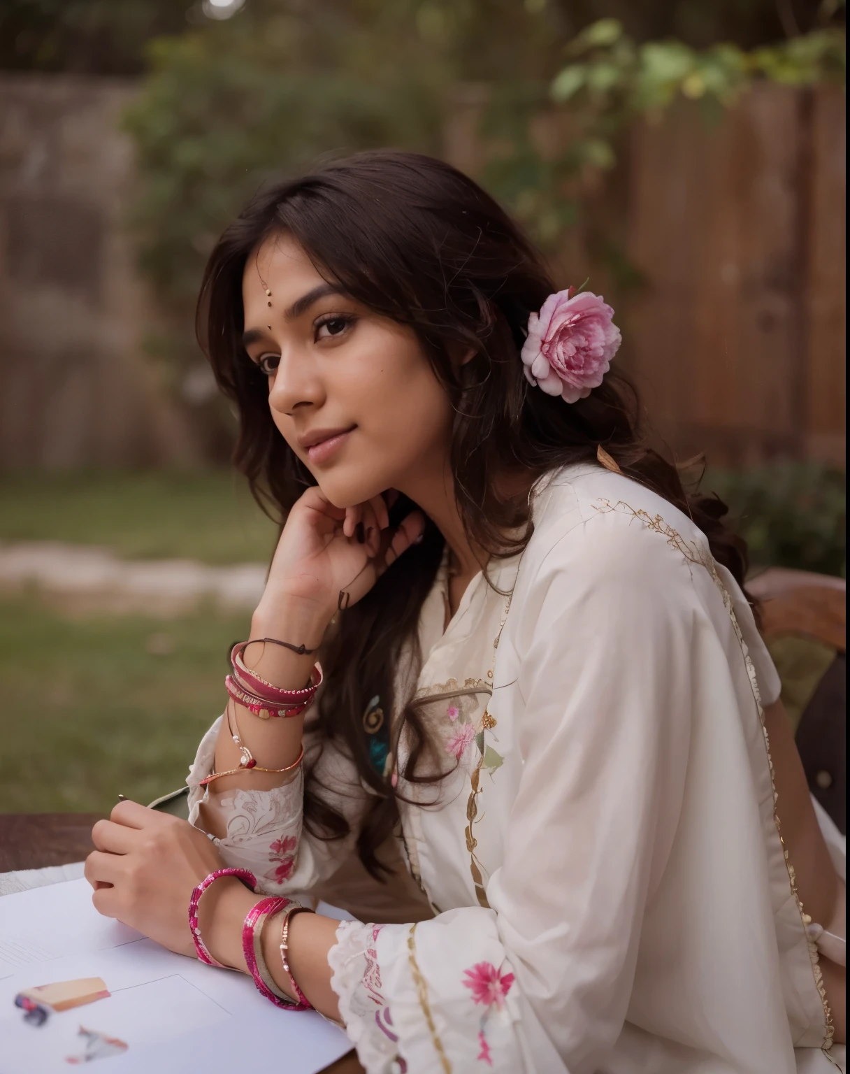 Beautiful ,23 years young Indian girl healthy, confidential looking,8k,realistic, raw photo,dark brown hair,fair skin, indian,long hair,clear facial features,, very detailed, 23years old, innocent face, natural wavy hair, high resolution, masterpiece, best quality, intricate details, highly detailed, sharp focus, detailed skin, realistic skin texture, texture, detailed eyes, professional, 4k, charming smile, shot on Canon, 85mm, shallow depth of field, kodak vision color, perfect fit body, extremely detailed, foto_\(ultra\), photorealistic, realistic, post-processing, maximum detail, roughness, real life, ultra realistic, photorealism, photography, 8k uhd, photography with a piece of paper and a peacock feather
