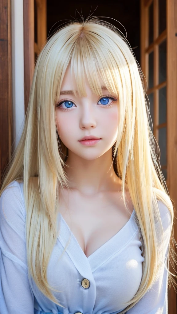 Clear white shiny skin、Cute sexy small beautiful face of a sexy big breasted ager with windy blonde hair getting in the way in front of her cute face、Shiny bright straight blonde hair dances in front of a cute beautiful face、Long silky bangs covering cute eyes、blonde hiding her sexy face、Sexy cute young woman with super long hair too、Super long natural blonde shining bright blonde hair、Very beautiful bright light blue eyes、very big eyes