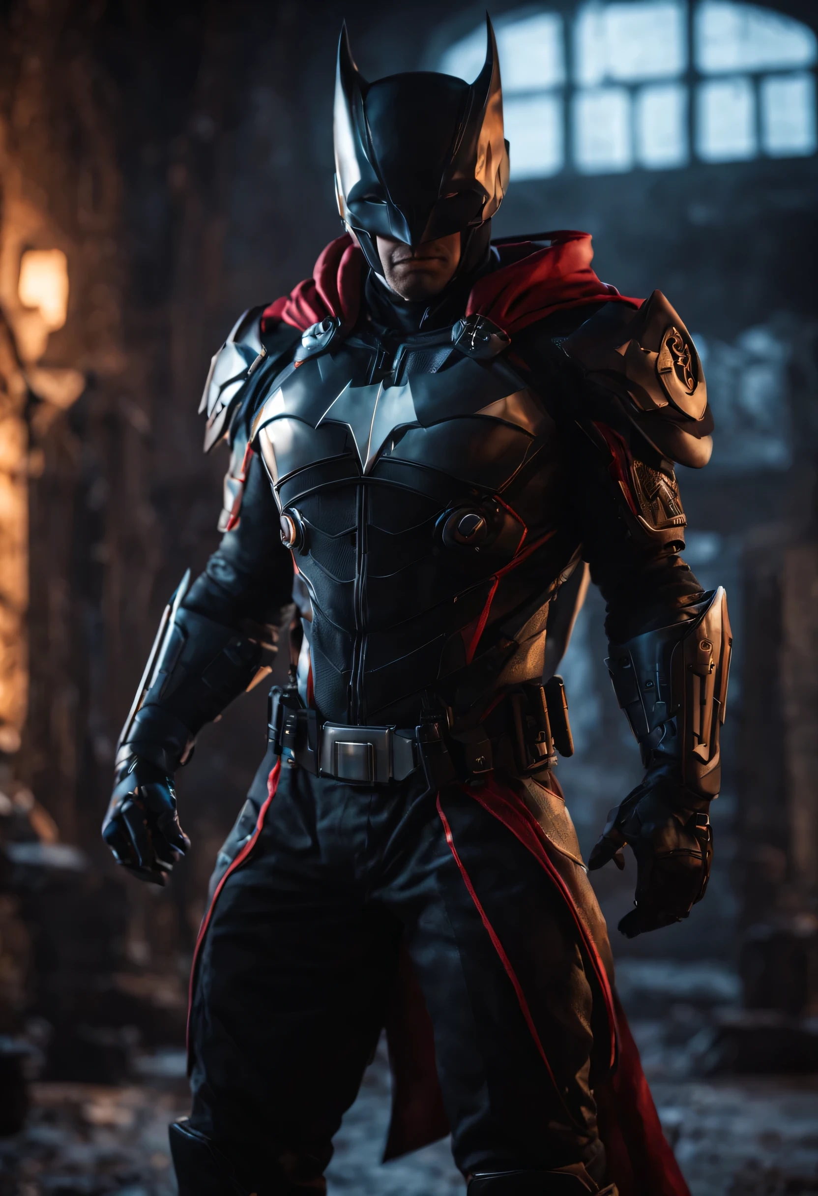 (homem Morcego) + (Gothic tech suit ) + (gothic aesthetic, fantasia negra ) + cinematographic lighting, motor irreal 5, cinematographic, color grading, Editorial fotografia, fotografia, photoshoot, Tiro em lense 70mm, Depth of field, DOf, Tilt Blur, Velocidade do obturador 1/1000, f/22, White balance, 32K, Super-resolution, megapixel, ProFoto RGB, RV, alto, epic, artegerm, Alex Ross, Halfrear Lighting, luz de fundo, natural lighting, Incandescente, Optical fiber, Moody lighting, cinematographic Lighting, studio lighting, soft lighting, volumetric, Luz de fundo, dark lighting, Accent lighting, global illumination, Screen Space global illumination, Ray Tracing global illumination, Luz de borda vermelha, Cool color classification 45%, Optics, Espalhamento, brilhante, sombras, Duro, cintilante, Ray tracing reflections, Lumen reflections, Screen space reflections, Diffraction classification, chromatic aberration, Deslocamento de GB, Linhas de varredura, ray traced, Ray Tracing Ambient Occlusion, Anti-aliasing, fKAA, THAI, RTX, SSAO, sombreadores, OpenGL-sombreadores, GLSL-sombreadores, post-processing, post production, sombreamento celular, Mapeamento de tons, CGI, VfX, SfX, incrivelmente detalhado e intrincado, hipermaximalista, elegante, hiper-realista, super detalhado, Dynamic Posture, centrado, fotografia