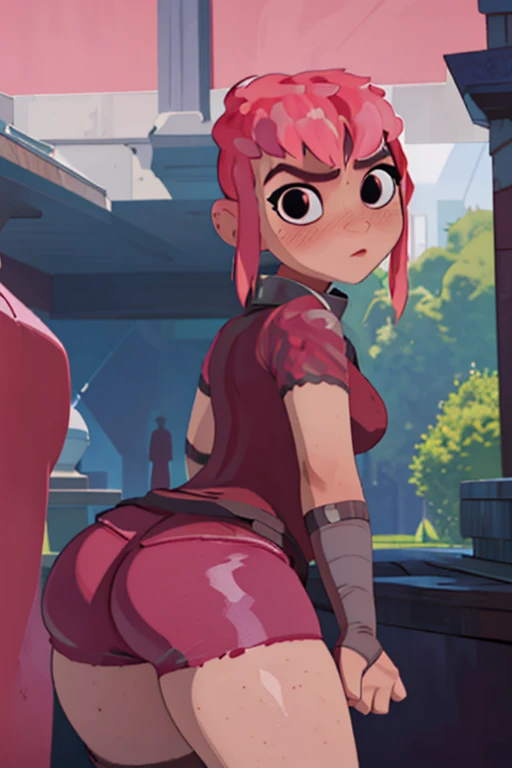 (Best quality, anime style render, ultra detailed, masterpiece, 1girl), ((((solo)))), ((rear view)), Human, female, nimona, (making a sexy pose), (with perfect hands), ((looking at viewer)), black eyes, (((blushing))), (pink hair), sharp, large breasts, (wide hips, thick thighs, thick legs), sharp eyes, perfect eyes, ((wearing crimson shorts, a red t-shirt, a black collar)), in a street, at midnight, dark night
