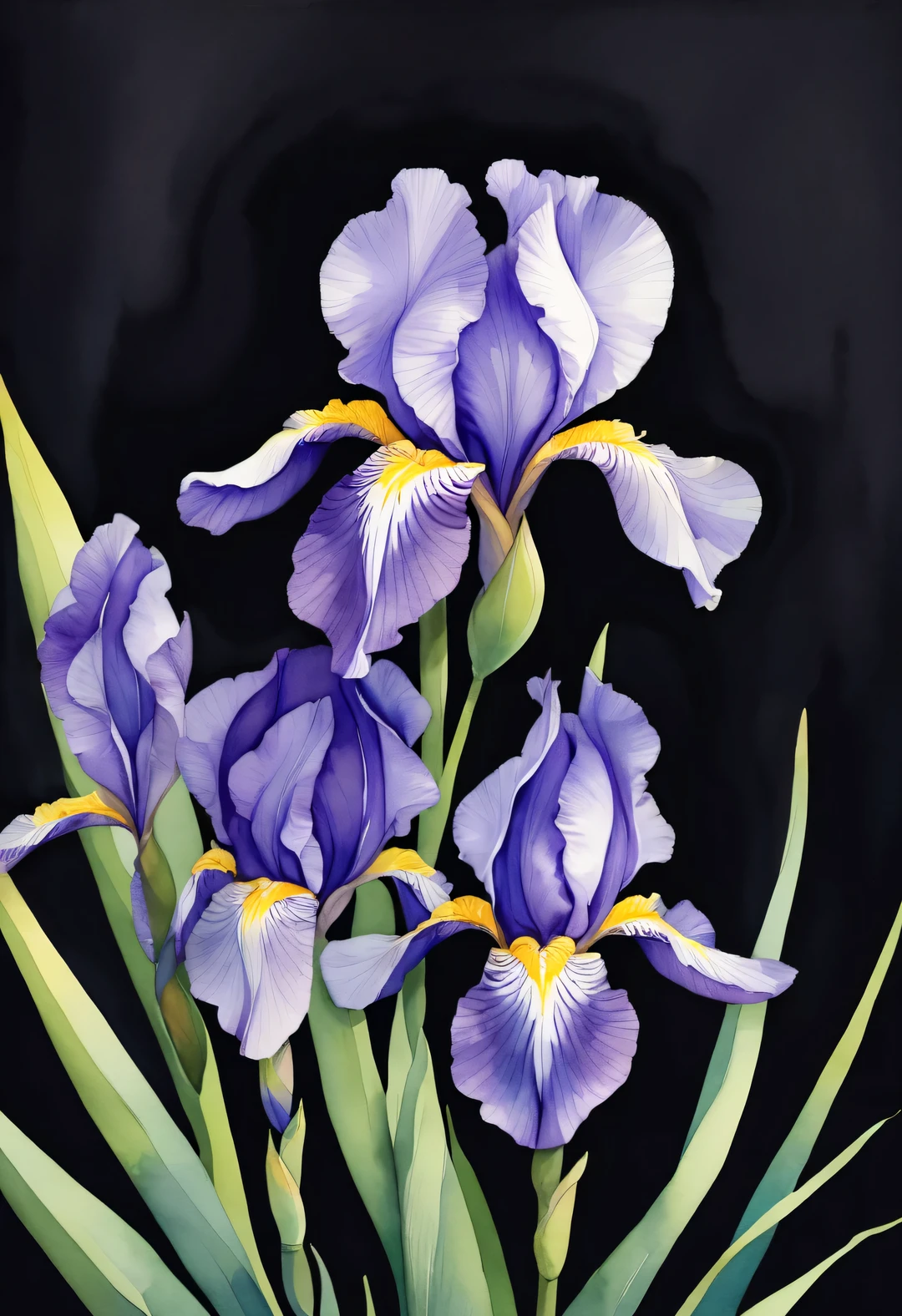 (Close-up of just one charming iris flower:1.37),minimalist style,dark background,,watercolor painting,illustration