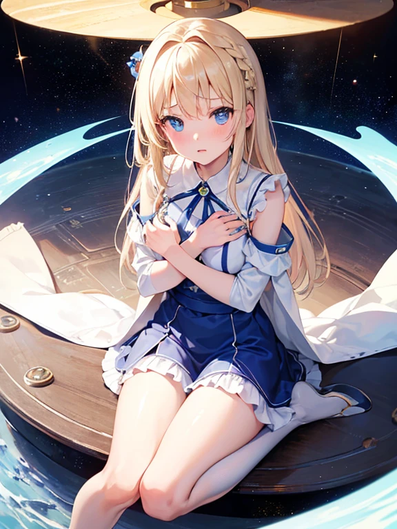 photo realistic, photo realistic, photo realistic, (masterpiece, best quality:1.4), (8k, raw photo, photo realistic:1.2), Not Safe for Work, detailed skin, detailed face, 1girl, Japanese idol, cute-face, Child, petite,
( sitting on the outer space grasping one's eyebrows), (((Hugging the earth))), blonde hair, Wavy Hair, blue eyes. semi-long, mini skirt, White Panties, (light blue apron dress), beautiful eyes, Sparkling, 14age, braided bangs, kanzashi, full body,
Beautiful scenery, ((outer space)), void of space, in the galaxy,
planets of the solar system, high resolution, night view, pretty fingers, beautiful feet, small breasts, colorful stars, many ball of light, Fantastic, beautiful stars, full body shot, countless lights, many Orbs,