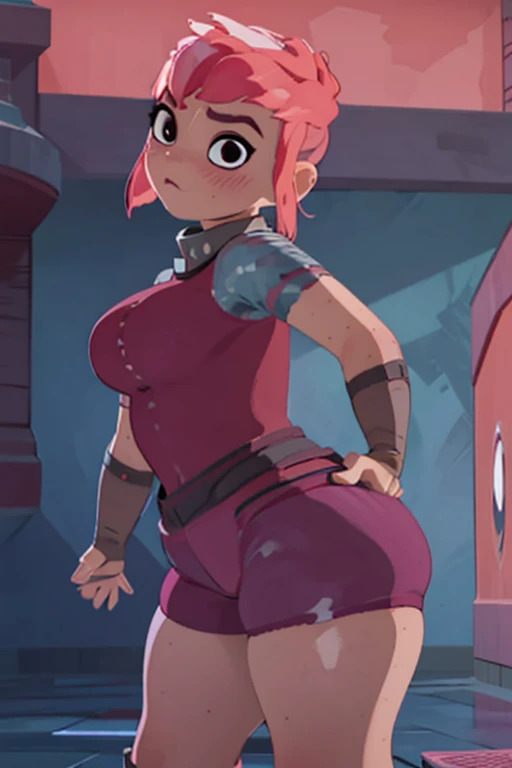 (Best quality, anime style render, ultra detailed, masterpiece, 1girl), ((((solo)))), ((rear view)), Human, female, nimona, (making a sexy pose), (with perfect hands), ((looking at viewer)), black eyes, (((blushing))), (pink hair), sharp, large breasts, (wide hips, thick thighs, thick legs), sharp eyes, perfect eyes, ((wearing crimson shorts, a red t-shirt, a black collar)), in a street, at midnight, dark night