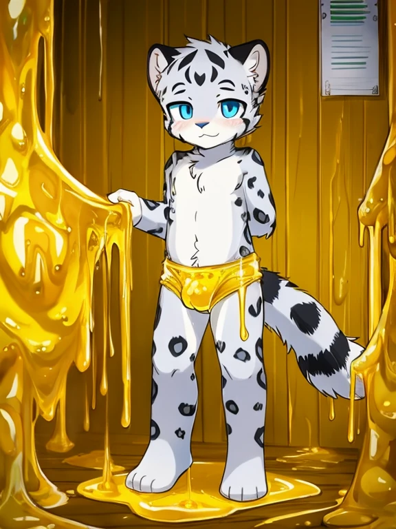 Snow leopard cub's legs sink into golden slime,Diapers,standing