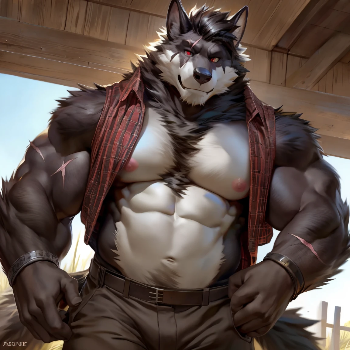 ((best quality)), ((masterpiece)), (detailed), black fur, male, furry, black kitsune, black ears, black shaggy hairstyle, ????? fluff, daddy, dilf, mature man, ((scar on left eye)), red eyes, bara, brown vest, dark brown pants, pink ???????,((multiple tails)), farm setting, calm atmosphere, dynamic perspective, by null-ghost, by raccoon21, chunie