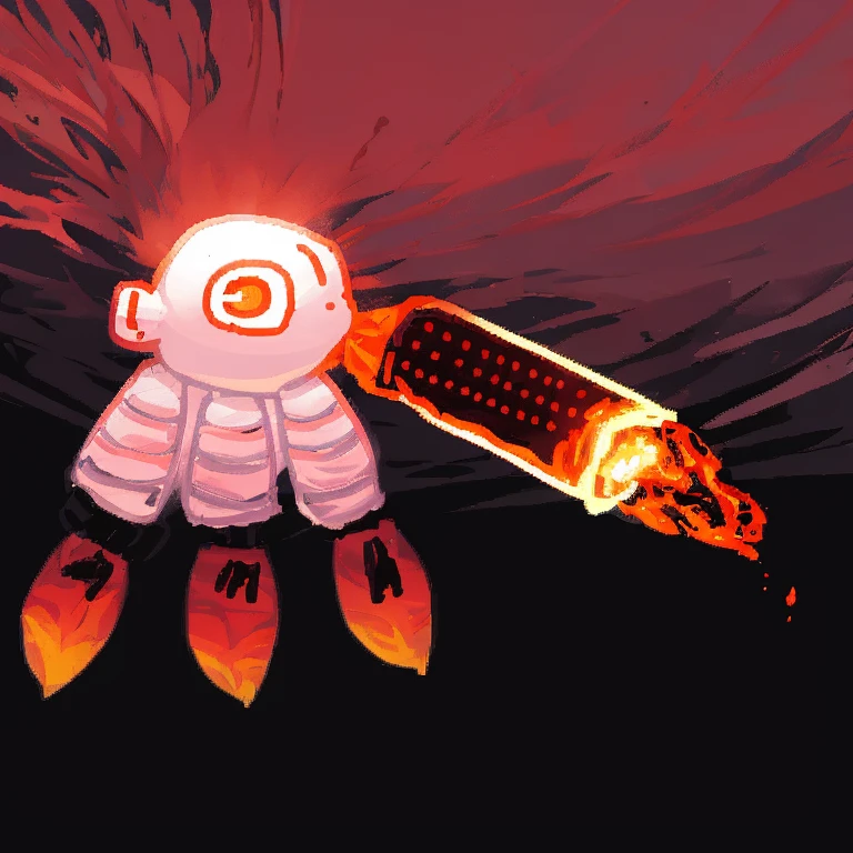 One-eyed alien with a flamethrower,There&#39;s flames coming out of my feet,Flame comes out from the flamethrower,pixel art,Pixel art,pink color,