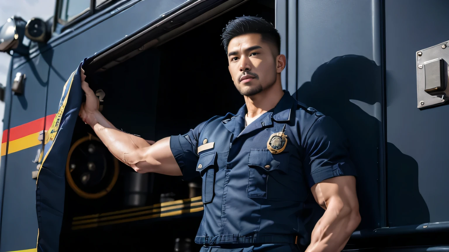 (masterpiece: 1.2), (actual:1.5), (post processing:1.3), (clear focus:1.3),1 male police officer, Korean men ,beard, whole body, ,(badge) ,(abrasions on body...: 1.3), (Navy blue cargo pants: 1.3), short hair hairstyle, (high shadows detail),muscle, 手臂musclelood vessel, 大muscle, broad shoulders, abrasions on body..., night , fire truck