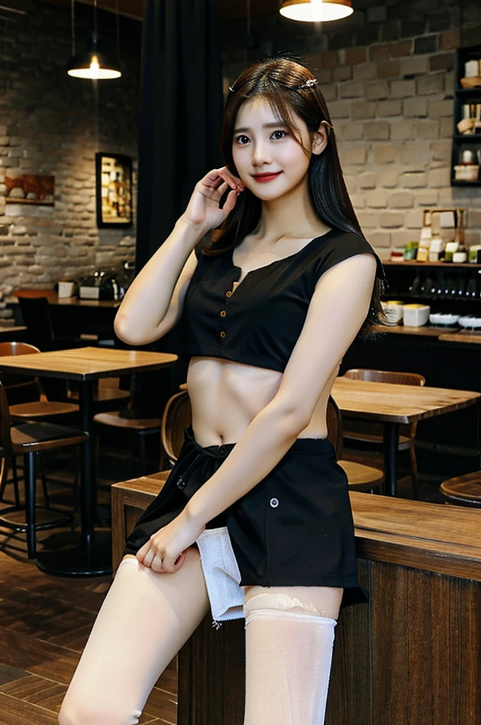 masterpiece: 1.3), (8K, Photorealistic, Raw photography, Best image quality: 1.4), Chubby Chinese girl, 19 years old, (Random hairstyle: 1.2), full body Super Detailed skin Detailed, sharp focus 1.3 beautiful woman : 1.4 light black hair top quality masterpiece、超 High resolution (Photorealistic: 1.4), Slight smile, watch, very detailed and professional lighting Casual off-shoulders Out-shoulders, and black mini skirt, Serious facial expression, Sitting on the coffee shop terr