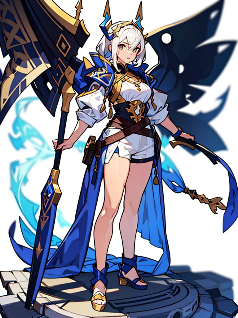 solo female, standing pose, front body, (((white background, blurry background))), character focus, fantasy clothes, character design, shorts, holding weapon, fullbody,