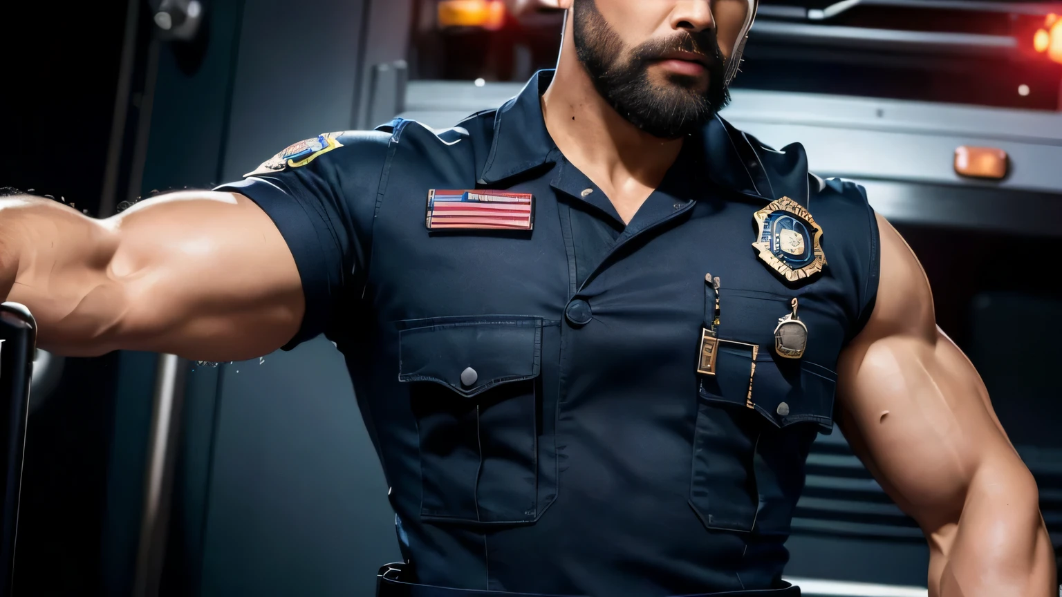 (masterpiece: 1.2), (actual:1.5), (post processing:1.3), (clear focus:1.3),1 male police officer, Korean men ,beard, whole body, ,(badge) ,(abrasions on body...: 1.3), (Navy blue cargo pants: 1.3), short hair hairstyle, (high shadows detail),muscle, 手臂musclelood vessel, 大muscle, broad shoulders, abrasions on body..., night , fire truck