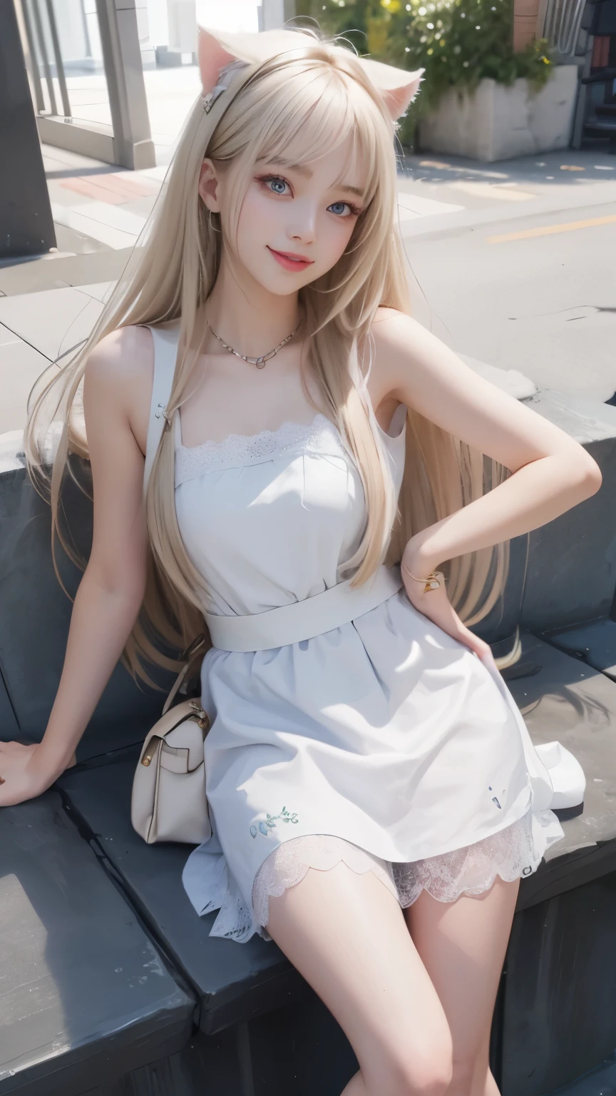 full body, laugh together, bright look、photorealism、highest quality、ultra high resolution、photograph、絶妙に美しい北欧生まれの女の子のphotograph、extraordinary beautiful girl、Detailed cute and beautiful face、(Pure Eros Face_v1:0.008)、beautiful bangs、alice in wonderland、18-year-old、glowing white shiny skin、Flow of hair that extends to the face、bangs between the eyes、super long hair、Attractive light and dark platinum blonde super long straight silky hair、thin hair、Charming shining beautiful bright clear light blue big eyes、white apron、yellow dress、eyeliner、double eyelids、rich bust、two girls、cat ears、great laugh togetherter、short skirt、White lace underskirt、pink panties、