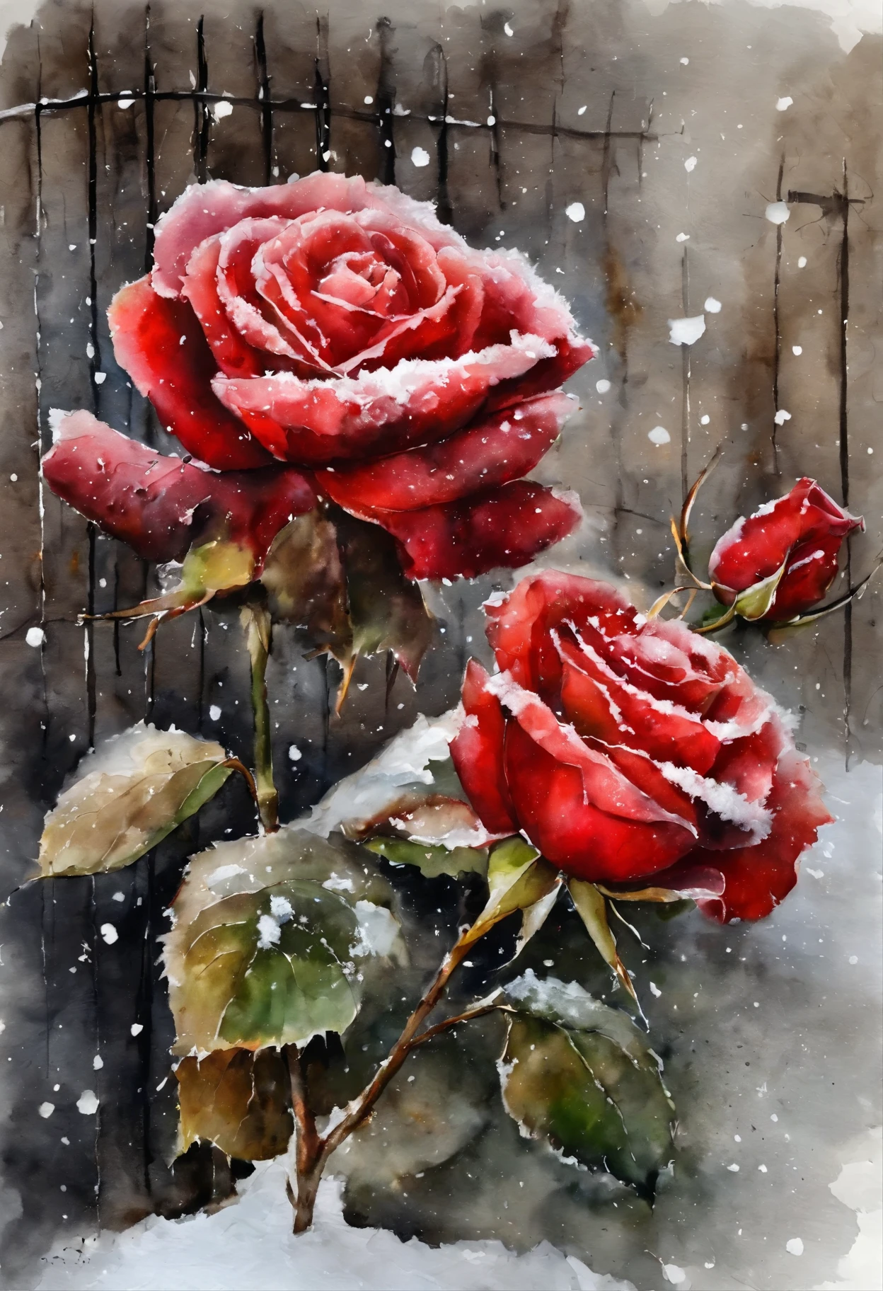 HD，masterpiece，Official artistic aesthetics。(((watercolor painting：1.37.ink：1.2))).(((winter，A red rose covered with snow，snow on petals)))。Watercolor paper overlay texture，Wet painting method，splash，Water marks。dark background，Large aperture，facula，contrast between warm and cold，perfect composition。artistic creativity：1.37。famous，International award-winning works。