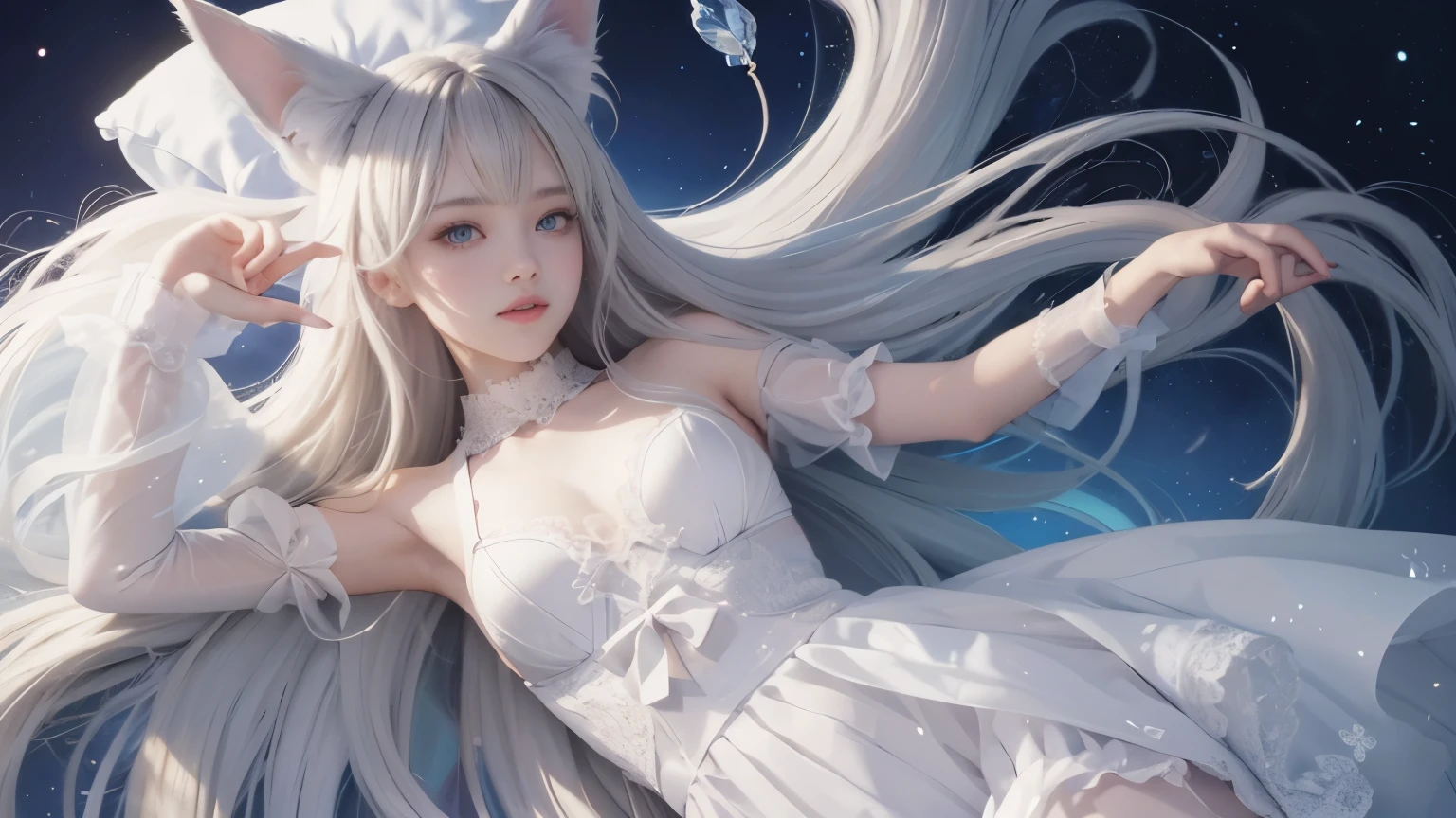 full body, laugh together, bright look、photorealism、highest quality、ultra high resolution、photograph、絶妙に美しい北欧生まれの女の子のphotograph、extraordinary beautiful girl、Detailed cute and beautiful face、(Pure Eros Face_v1:0.008)、beautiful bangs、alice in wonderland、18-year-old、glowing white shiny skin、Flow of hair that extends to the face、bangs between the eyes、super long hair、Attractive light and dark platinum blonde super long straight silky hair、thin hair、Charming shining beautiful bright clear light blue big eyes、white apron、yellow dress、eyeliner、double eyelids、rich bust、two girls、cat ears、great laugh togetherter、short skirt、White lace underskirt、pink panties、