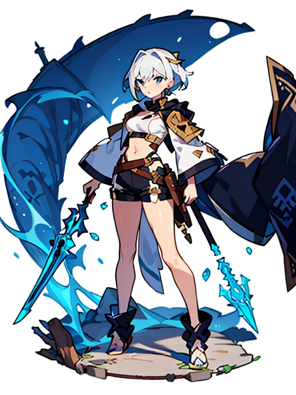 solo female, standing pose, front body, (((white background, blurry background))), character focus, fantasy clothes, character design, shorts, holding weapon, fullbody,
