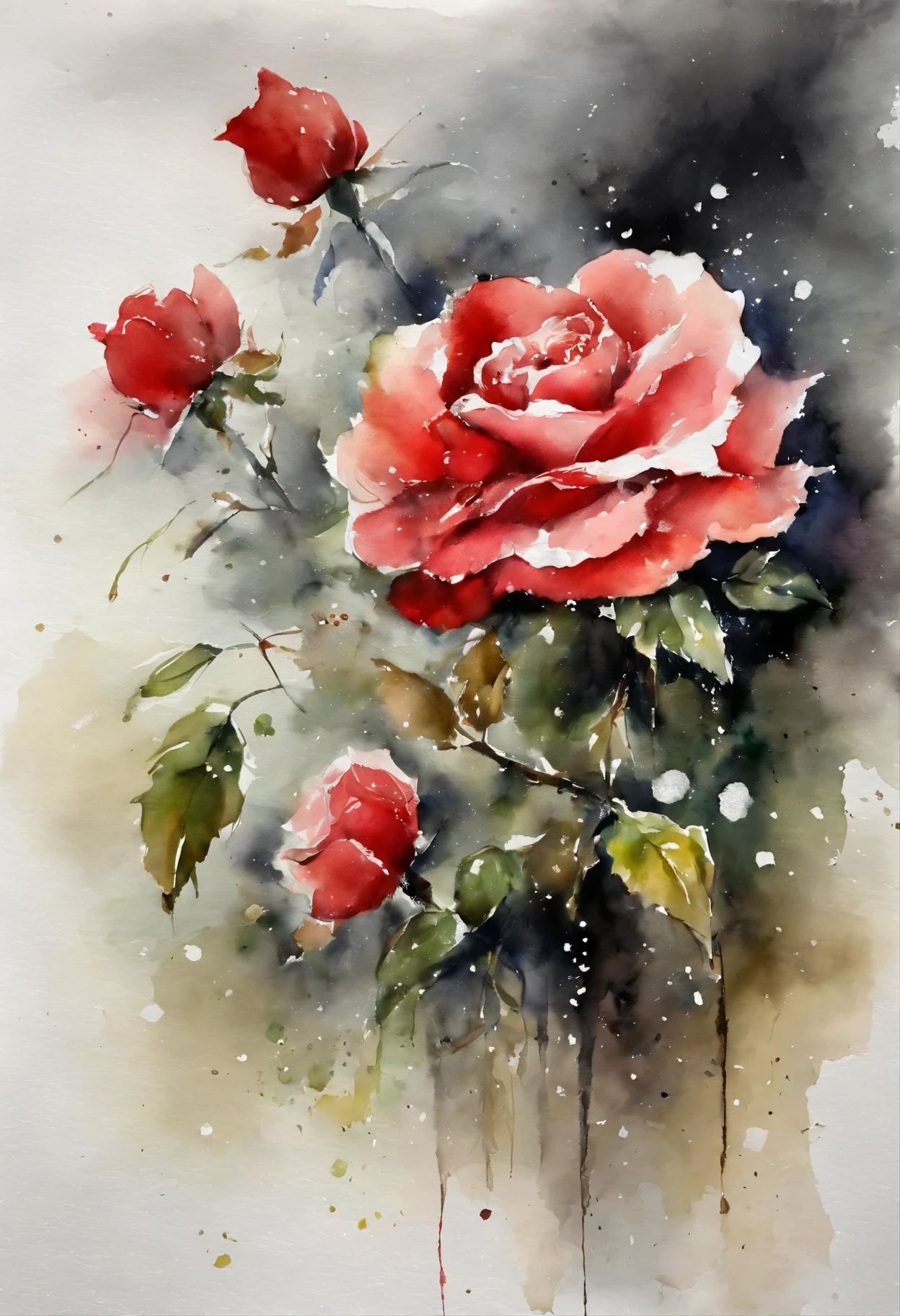 HD，masterpiece，Official artistic aesthetics。(((watercolor painting：1.37.ink：1.2))).(((winter，A red rose covered with snow，snow on petals)))。Watercolor paper overlay texture，Wet painting method，splash，Water marks。dark background，Large aperture，facula，contrast between warm and cold，perfect composition。artistic creativity：1.37。famous，International award-winning works。