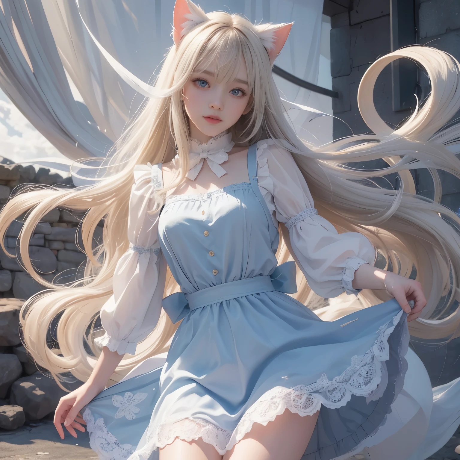 bright look、Photorealism、highest quality、ultra high resolution、photograph、Photograph of an exquisitely beautiful Scandinavian girl、extraordinary beautiful girl、Detailed cute and beautiful face、(Pure Eros Face_v1:0.008)、beautiful bangs、alice in wonderland、18-year-old、glowing white shiny skin、Flow of hair that extends to the face、bangs between the eyes、super long hair、Charming light and dark platinum blonde super long straight silky hair、thin hair、Charming shining beautiful bright clear light blue big eyes、yellow dress、eyeliner、double eyelids、rich bust、perfect hands、cat ears、Laughter、bottomless、(peeing) , pussy