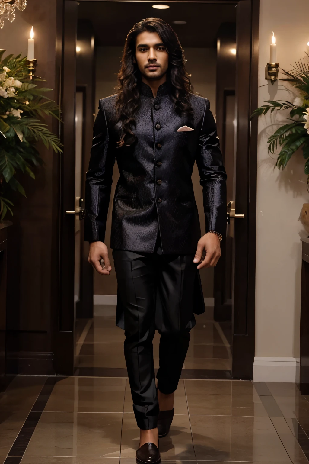 Indian-Handsome-Single-Man-with-Long-curly-Hair-and-the--age-is-28-as-Good-loking-model-hight-6-feet-wearing-indian-traditional-Rich-Designer-Sherwani-for-men--Black-coal-stone-background--wedding-bac (1)
