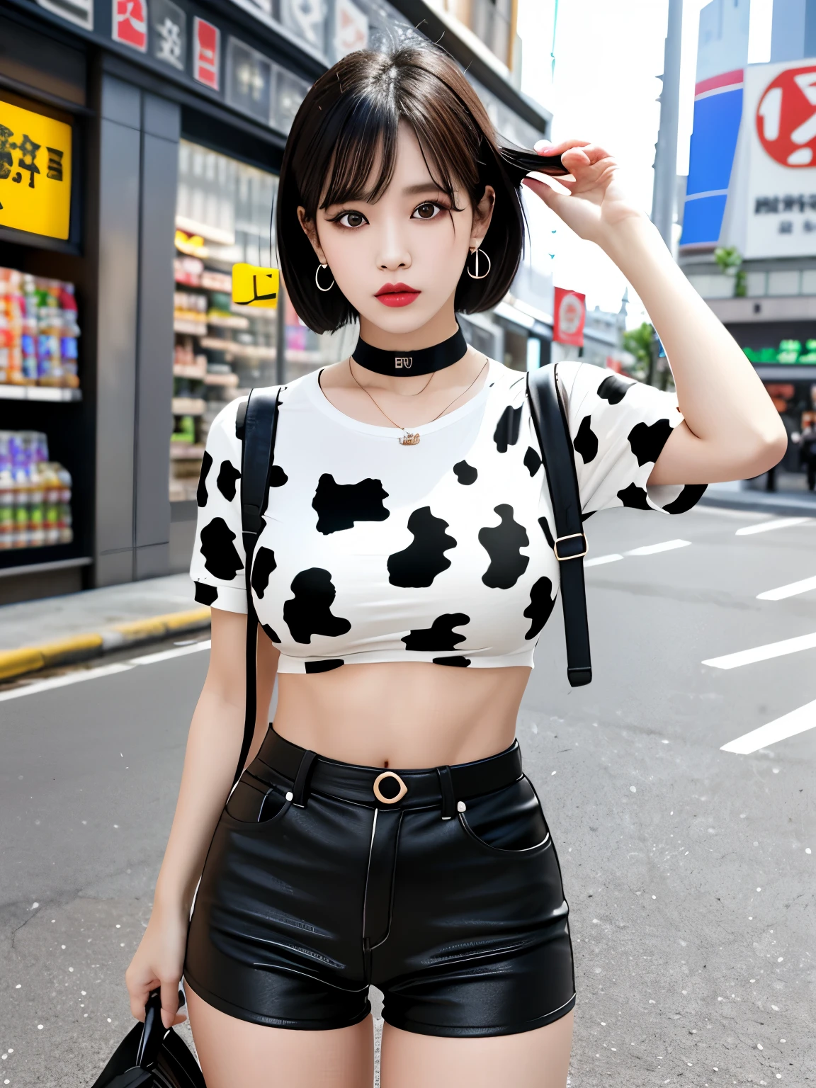 one girl, short hair, Big eyes, (be familiar with顔), white and black cow print tight shirt, Choker with bell, In a colorful supermarket, Plump thighs, earrings, big lips、Good style、sexy、cow pattern fashion、black and white cow pattern、constriction、ripped abs、valley、shorts、garter belt、cow pattern jacket、(highest quality:1.0), (realistic:1.0), (8K, RAW photo:1.1), (8k非常にbe familiar withなCGユニットの壁紙), (highest quality), (best illustrations), (best shadow), (be familiar with: 1.4), 3D, HDR (high dynamic range), ray tracing, NVIDIA RTX, super resolution, Scattered beneath the surface, PBR texture, Post-processing, anisotropic filtering, written boundary depth, maximum sharpness and acutance, multilayer texture, Albedo and highlight mapping, surface shading, Accurate simulation of light-matter interactions, perfect proportions, octane rendering, surreal、Photographed with Canon EOS R5、50mm lens、f / 2.8