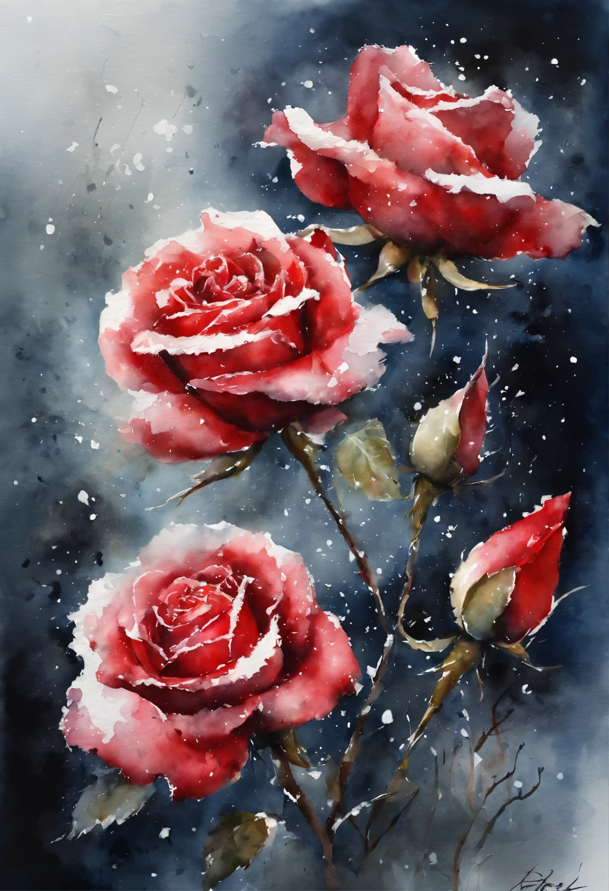 HD，masterpiece，Official artistic aesthetics。(((watercolor painting：1.37.ink：1.2))).(((winter，A red rose covered with snow，snow on petals)))。Watercolor paper overlay texture，Wet painting method，splash，Water marks。dark background，Large aperture，facula，contrast between warm and cold，perfect composition。artistic creativity：1.37。famous，International award-winning works。