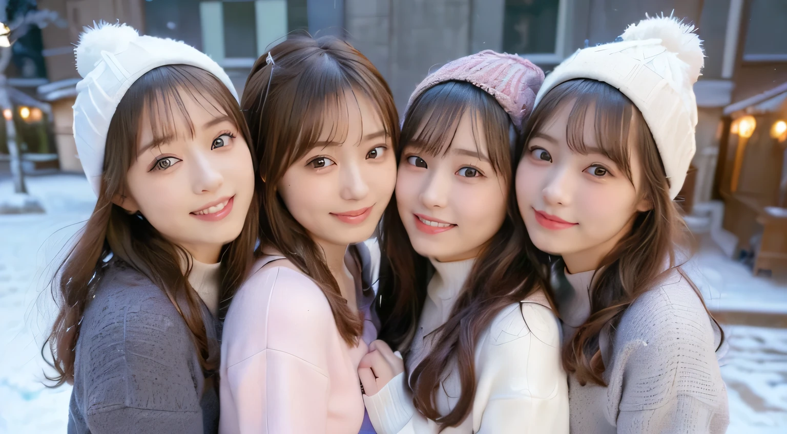 masterpiece, better quality, High resolution, ((realistic:1.4, Live shooting, 超High resolution,best image quality: 1.4)), ((Do not split)),((whole body 1.5)), beautiful and fine eyes, natural color lip, ((big smile:1.5)), ((Random and cute curly hair)), ((大きいランダムなchestのサイズ:1.3)), ((random winter casual clothes:1.6)), ((Random Lightwear:1.2)),((chest、arm under glasses:0.9)), ((peek from below)), ((of hotel)), ((Random and cute expressions)),, ((3 girls、Three people standing side by side:1.5)) Highly detailed and professional lighting、 ((Random and cute expressions:1.5))、 ((Waki Display:1.5))、 ((I'm showing off my waki:1.5))、 ((Thighs are visible:1.5))