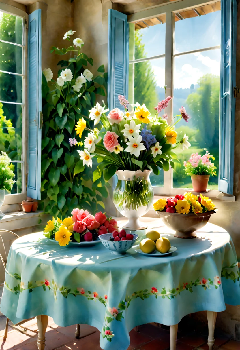 Close-up of a table，There is a vase of flowers on it, pleasant environment, There is a French garden, house kitchen on a sunny day, French countryside interior, author：Bernard D&#39;Andrea, Bright windows illuminate the kitchen, Architectural Digest, home and garden magazine, house and garden, Architectural Digest photo, summer morning light, There are flowers and plants, floral watercolor painting