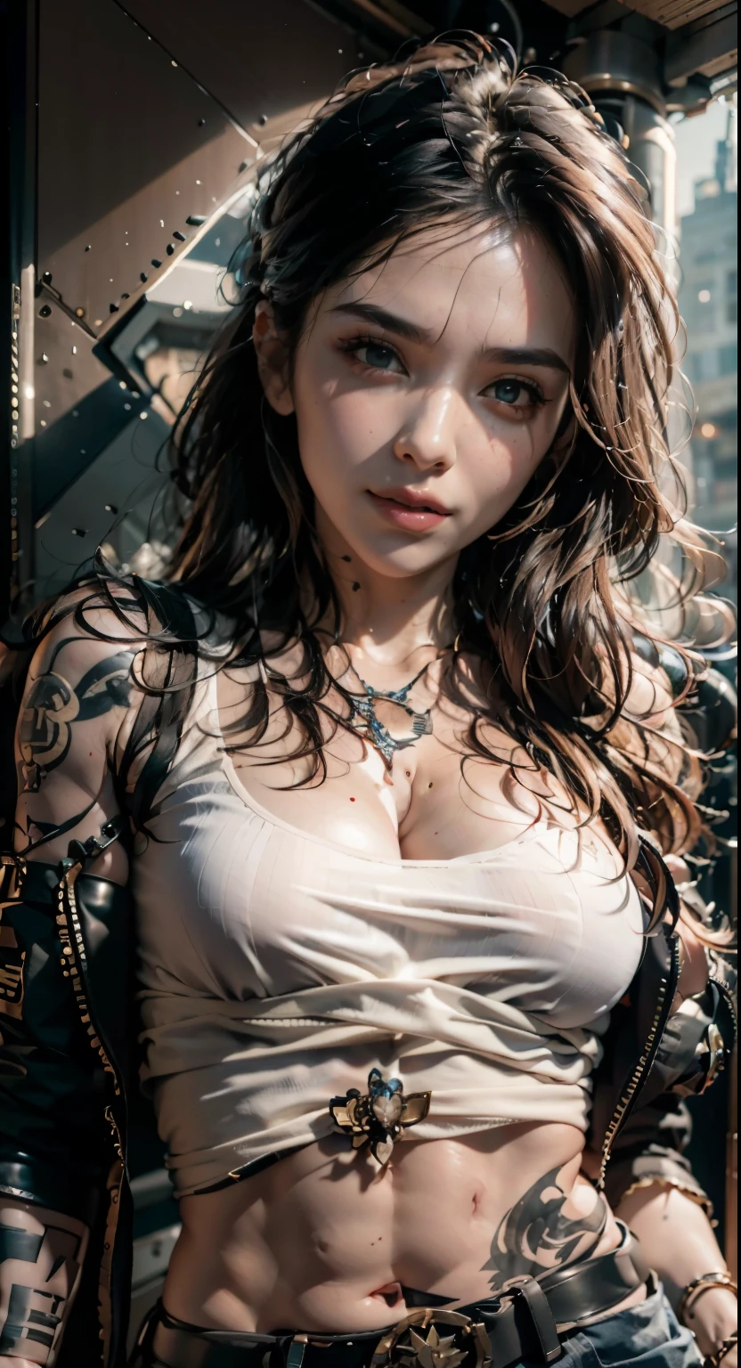 (1girl:1.3), solo, __body-parts__, official art, unified 8k wallpaper, super detailed, beautiful and aesthetic, beautiful, masterpiece, best quality, raw, masterpiece, super fine photo, best quality, super high resolution, photorealistic realism, sunlight, full-body portrait, amazing beauty, sexy seductive slutty dynamic pose, delicate face, vibrant moonlight eyes, (from the front), she wears a futuristic Harajuku-inspired futuristic cyberpunk hip hop clothing, perfect color scheme, (holding a shield), super huge enormously gigantic tits, cleavage showing, gigantic tits bursting out of her shirt, very detailed abandoned post apocalyptic city background, detailed face, detailed complex busy background, messy, gorgeous, milky white, highly detailed skin, realistic skin details, visible pores, sharp focus, volumetric fog, 8k uhd, DSLR camera, high quality, film grain, fair skin, photo realism, lomography, huge metropolis in future dystopia background, seen from below, translucent