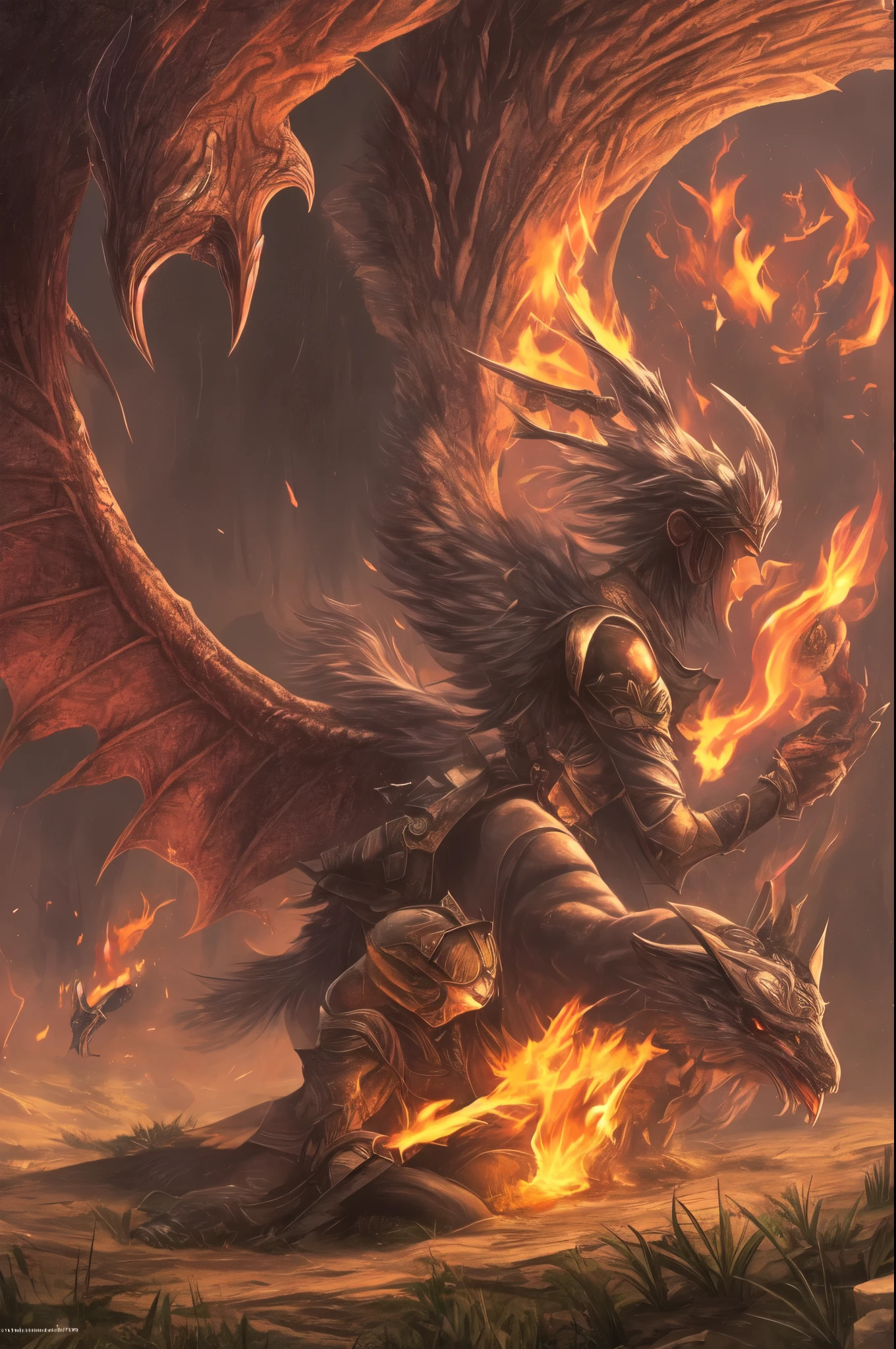 a female red wyvern spitting fire at a viking warrior laying defeated at her feet. --auto --s2