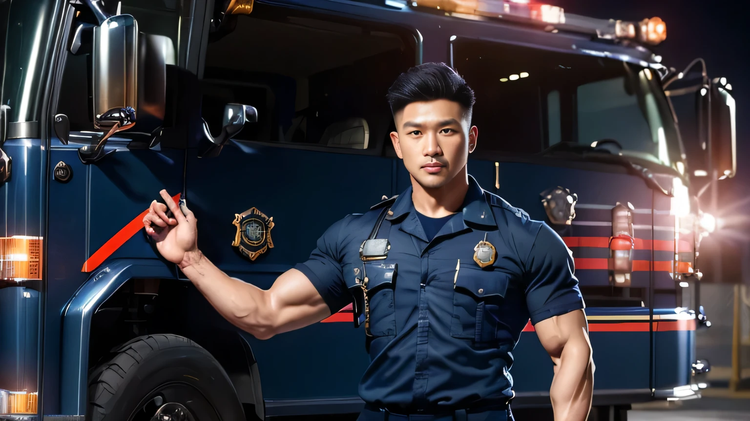 (masterpiece: 1.2), (actual:1.5), (post processing:1.3), (clear focus:1.3),1 male police officer, Korean men ,beard, whole body, ,(badge) ,(abrasions on body...: 1.3), (Navy blue cargo pants: 1.3), short hair hairstyle, (high shadows detail),muscle, 手臂musclelood vessel, 大muscle, broad shoulders, abrasions on body..., night , fire truck