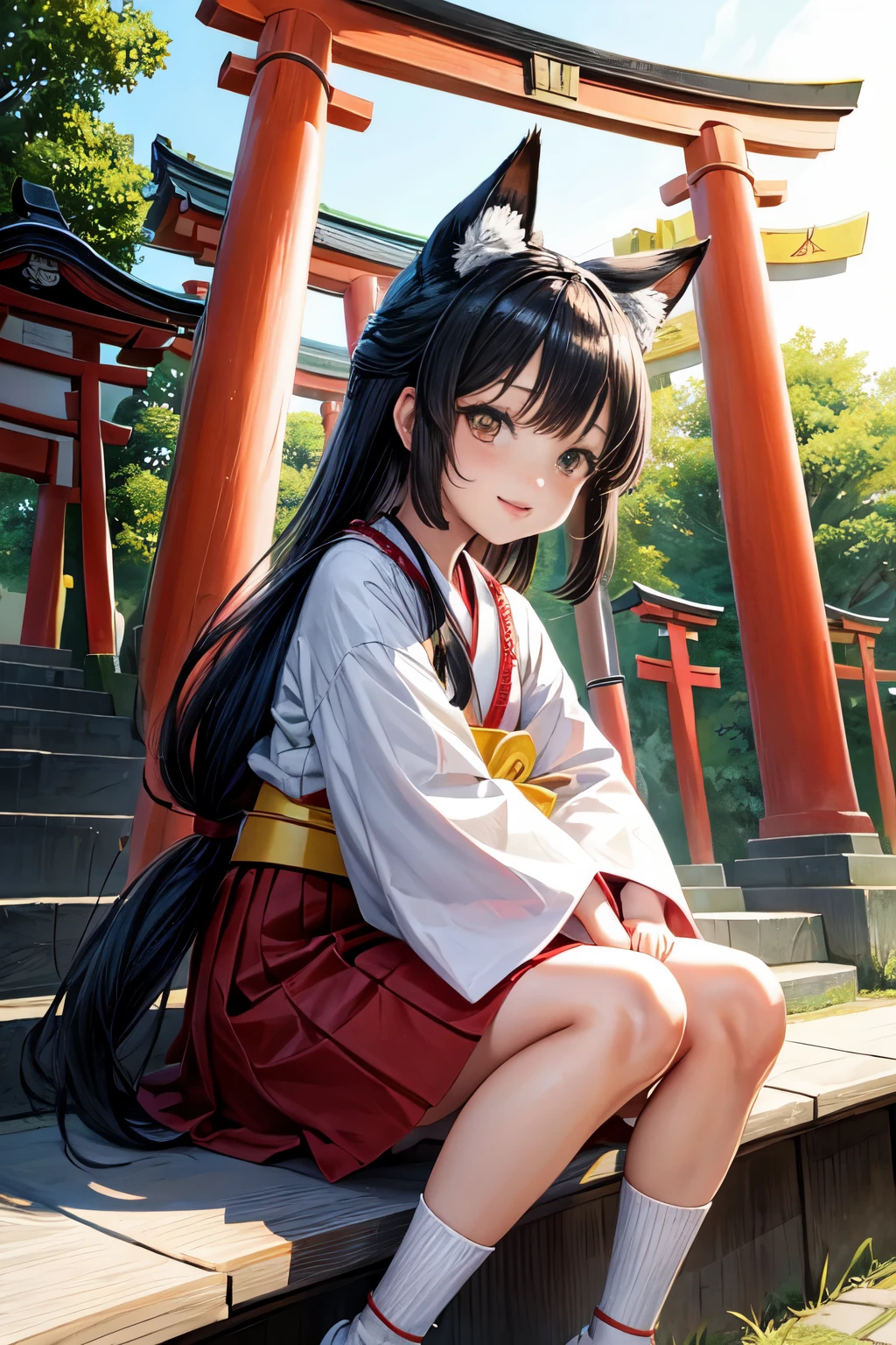 an anime girl is sitting on some stone stairs next to a shrine, 1girl, japanese clothes, stairs, torii, miko, animal ears, solo, black hair, long hair, sitting, hakama, fox ears, red hakama, hakama skirt, outdoors, looking at viewer, skirt, animal ear fluff
, grin, ((kiddie, JC,littlegirl,kodomo))