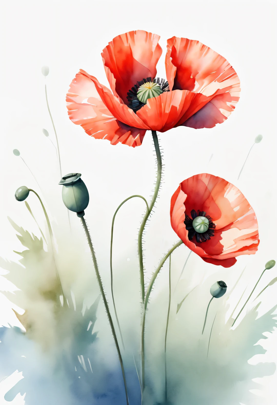 Surrealism, Minimalism, watercolor,Stunning high angle view of beautiful poppy flowers
