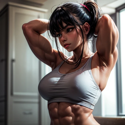 A woman with a toned upper body,big muscular legs, squat,Bend your arms to 90 degrees