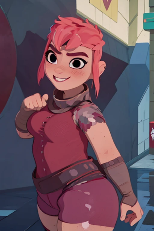 (Best quality, anime style render, ultra detailed, masterpiece, 1girl), ((((solo)))), ((rear view)), Human, female, nimona, (making a sexy pose), (with perfect hands), ((looking at viewer, evil smile)), black eyes, (((blushing))), (pink hair), sharp, large breasts, (wide hips, thick thighs, thick legs), sharp eyes, perfect eyes, ((wearing crimson shorts, a red t-shirt, a black collar)), in a street, at midnight, dark night
