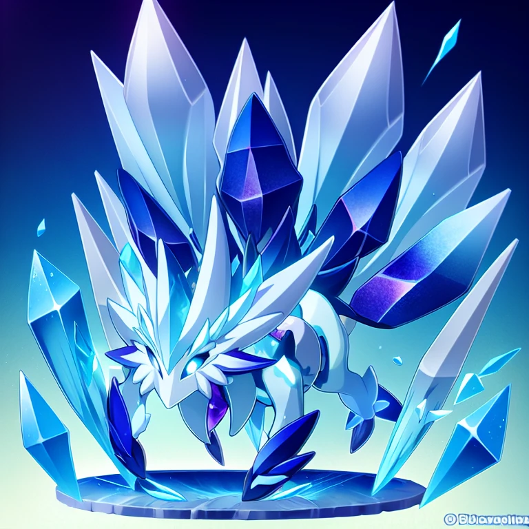 full body anime picture of a crystal monster , blue crystal , rocks