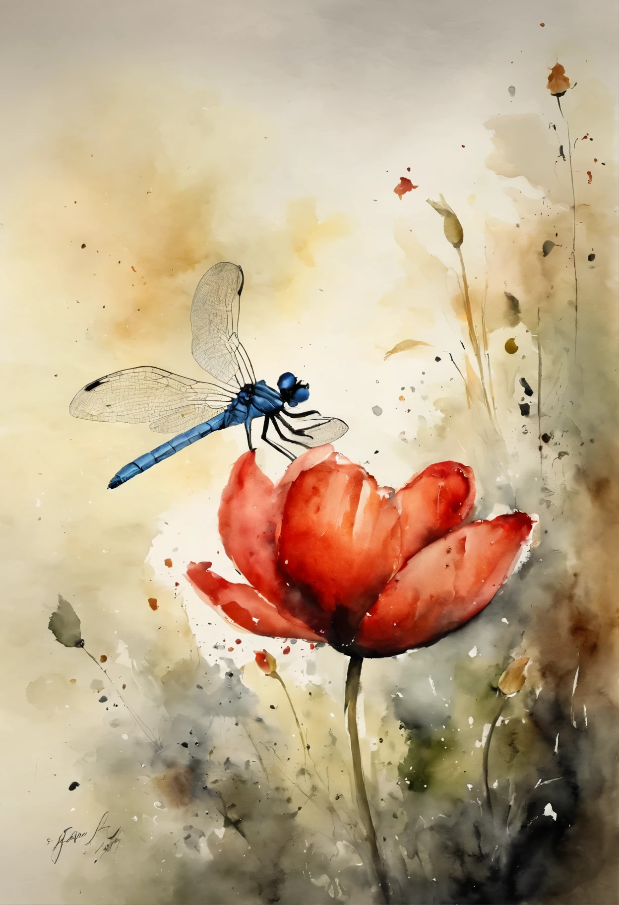 watercolor art,HD,masterpiece,Official artistic aesthetics。(((watercolor painting:1.5.ink:1.2))).((Red Poppy))。(((lotus,dragonfly))).(Watercolor paper overlay texture,Wet painting method,Smudge,flowing water marks)。dark background,Large aperture,facula,contrast between warm and cold,perfect composition。artistic creativity:1.37。famous,International award-winning works。