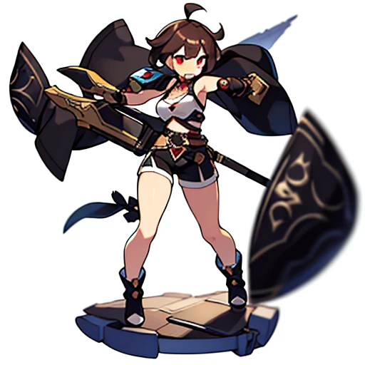 solo female, sexy standing pose, front body, (((white background, blurry background))), character focus, fantasy clothes, character design, shorts, holding weapon, fullbody,