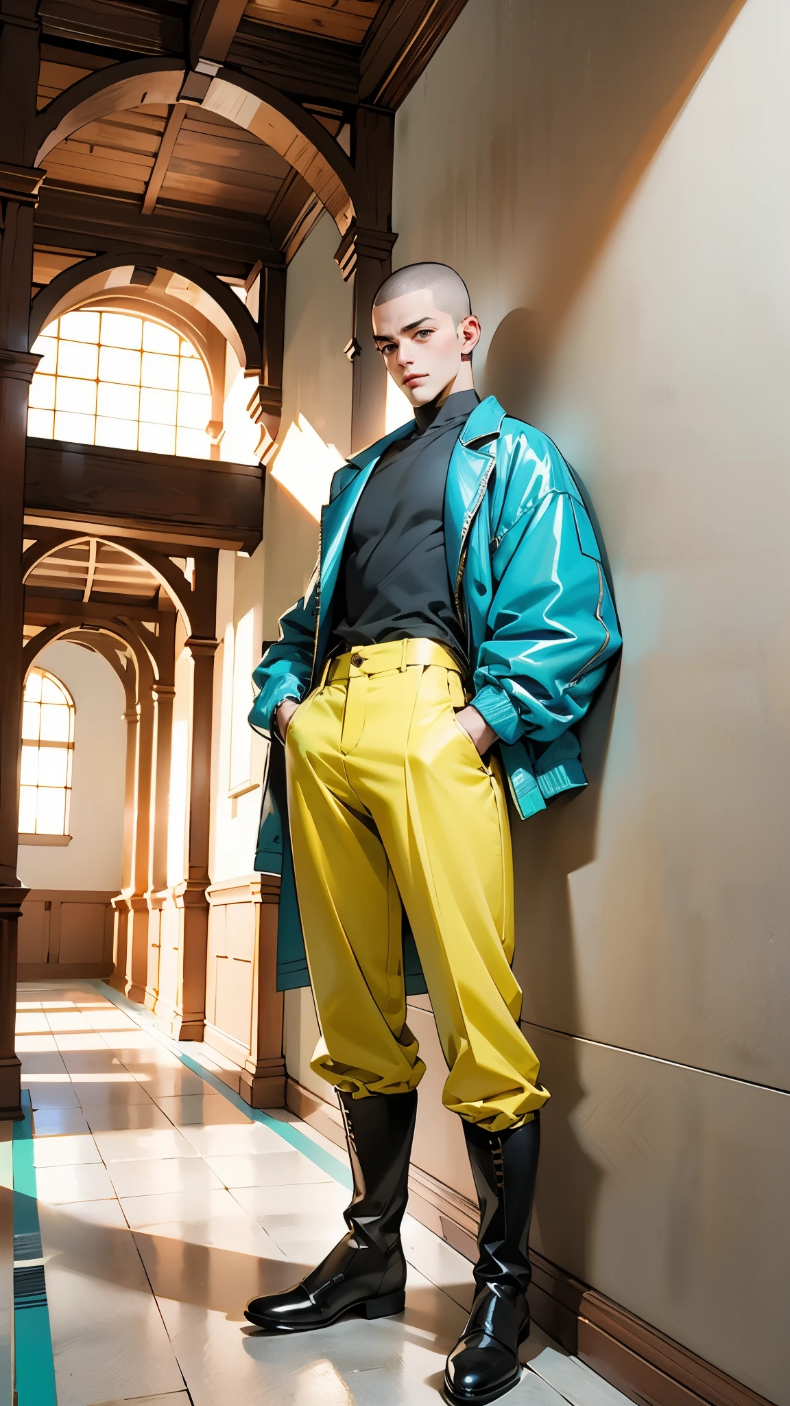 In the backdrop of an ancient fantasy-reality setting, a youth sporting a platinum crew cut displays a piercing gaze and confident demeanor. Adorned in a two-piece fusion outfit, seamlessly blending Western and Eastern influences, he wears a snug dark top paired with a vibrant yellow-blue short jacket. The lower half features loose white utility pants, and his sturdy long boots echo through the corridors of an antiquated architectural landscape. The overall aesthetic captures the essence of a refined and mature anime-inspired rogue, symmetrical face, extremely detailed eyes and face, high quality eyes, high definition, highres, ultra-fine painting, exquisite and mature, extremely delicate, professional, anatomically correct, creativity, UHD, HDR, 32k, Natural light, cinematic lighting, best shadow, masterpiece-anatomy-perfect, best quality, masterpiece, ultra-detailed