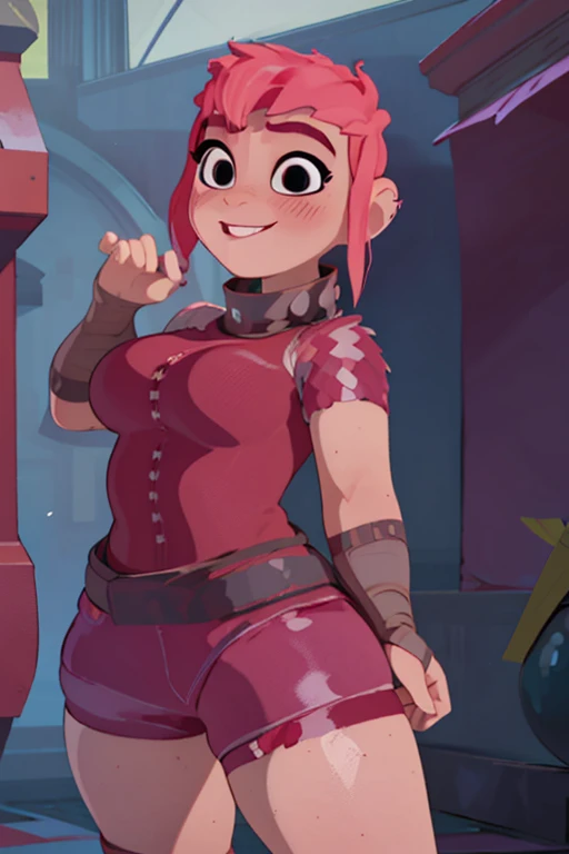 (Best quality, anime style render, ultra detailed, masterpiece, 1girl), ((((solo)))), ((rear view)), Human, female, nimona, (making a sexy pose), (with perfect hands), ((looking at viewer centered, evil smile)), black eyes, (((blushing))), (pink hair), sharp, large breasts, (wide hips, thick thighs, thick legs), sharp eyes, perfect eyes, ((wearing crimson shorts, a red t-shirt, a black collar)), in a street, at midnight, dark night
